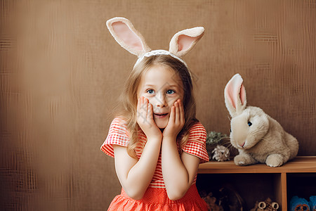 粉红开心兔戴兔耳的小女孩背景