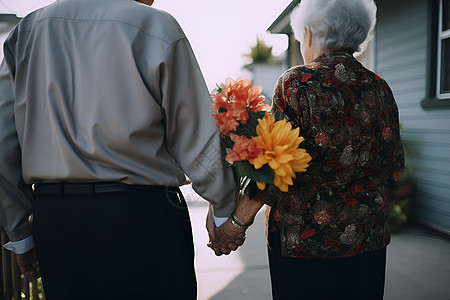 手牵手拿着花束的年迈夫妻图片