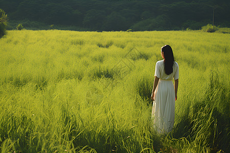 女子立于绿草原中图片