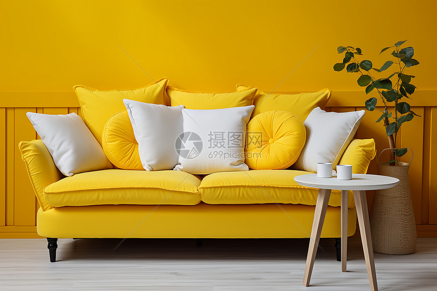 黄色沙发与绿植图片
