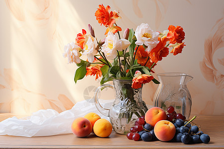 盛开的花束与美味水果背景图片
