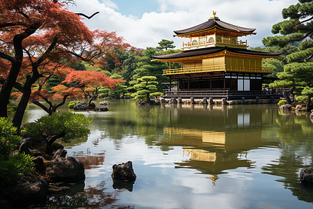 位于池塘中央的宝塔背景