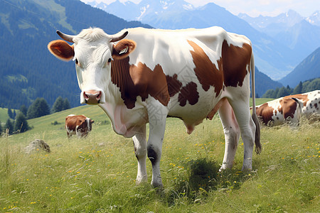 牛群在绿色山坡上图片
