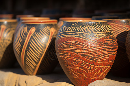 陶瓷工艺品一排放在沙滩上的花瓶背景