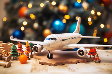 圣诞玩具圣诞树前的玩具飞机背景