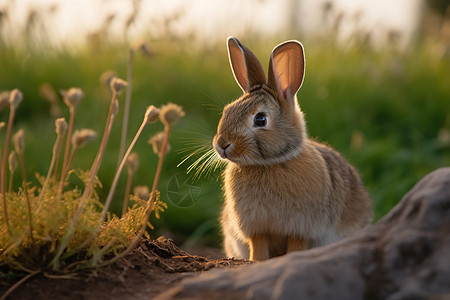 坐在田野上的一只兔子图片