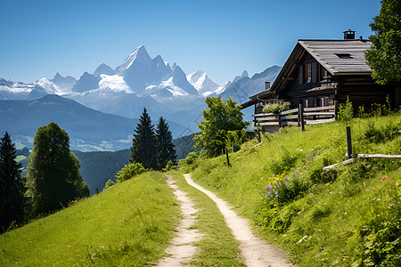 山间小道旁的小屋图片