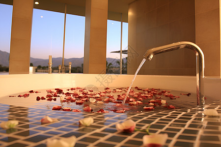 浴缸中的玫瑰花瓣背景图片