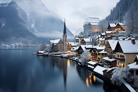 冬日河流旁的城镇图片