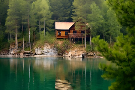 树林中的湖边小木屋图片