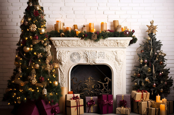 圣诞树与壁炉图片