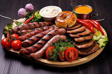 肉类和蔬菜的拼盘图片