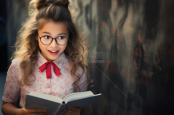 读书的卷发小女孩图片