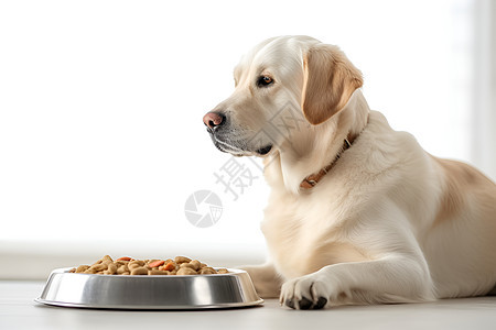 狗食盆旁边的拉布拉多图片