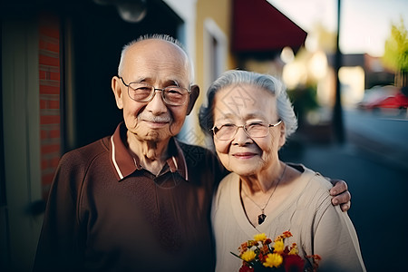 街道中温馨的老年夫妇图片