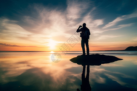 夕阳下湖中心的男人图片