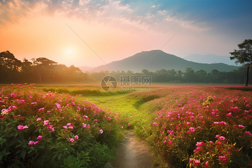 夕阳下的山脉和花海图片