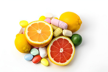 补充维生素药丸与水果图片