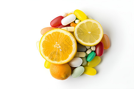 健康护理的维生素药丸与水果图片