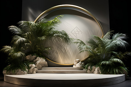 棕榈叶点缀的展台背景图片