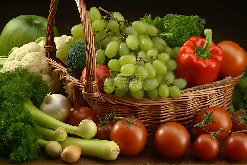 丰收的蔬菜和葡萄图片