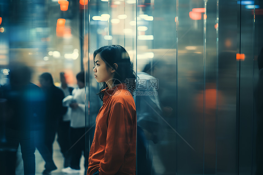 依靠玻璃墙的女人图片