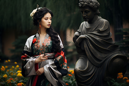 女人站在雕像旁图片