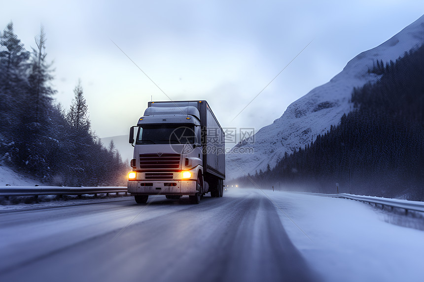 冬夜山路上行驶的卡车图片