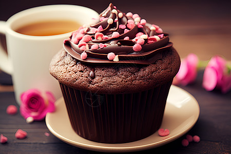 奶油杯子蛋糕咖啡与巧克力蛋糕背景