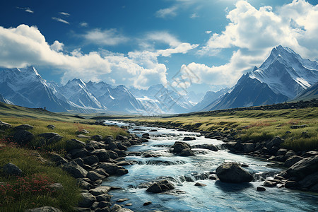 一幅高原草地下的河流背景图片