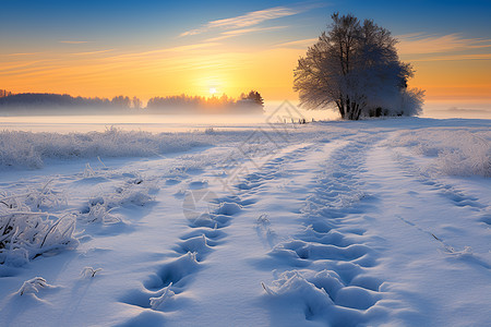 树木手绘冬日黎明下的雪地背景