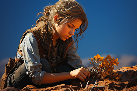 小女孩在荒地种植树苗图片