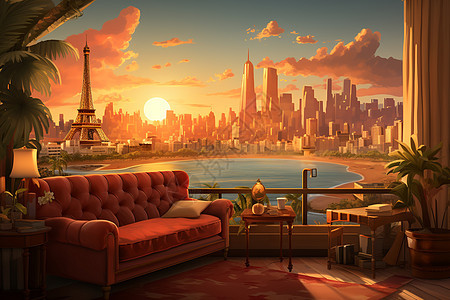 城市的红色沙发背景图片