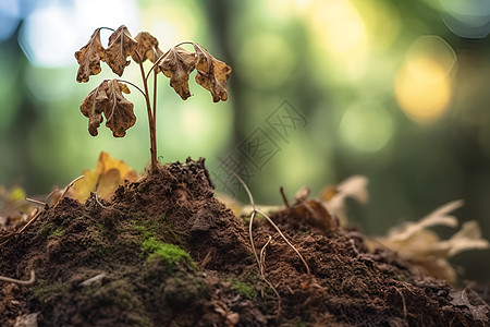 棕褐色枯木败叶间的小植物绿色苔藓背景