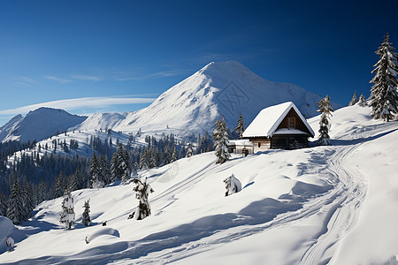 雪山上的小木屋图片