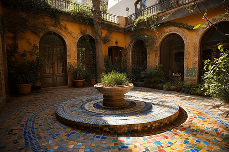 彩色地砖喷泉庭院高清图片