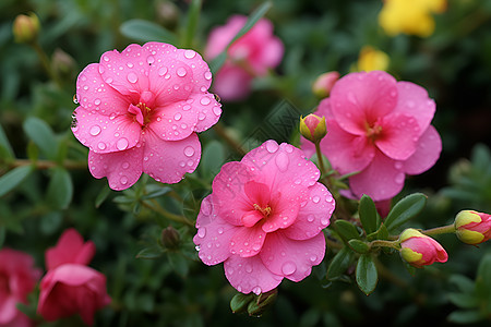 露珠中的粉色花朵图片