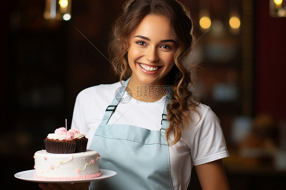 女士手持蛋糕微笑致意图片