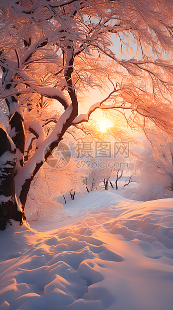 白雪皑皑的日出丛林景观图片