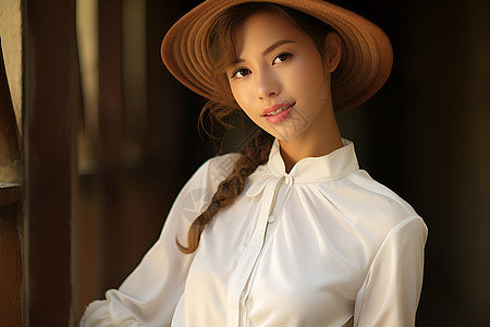 白衬衫长袖女子戴棕色帽子图片