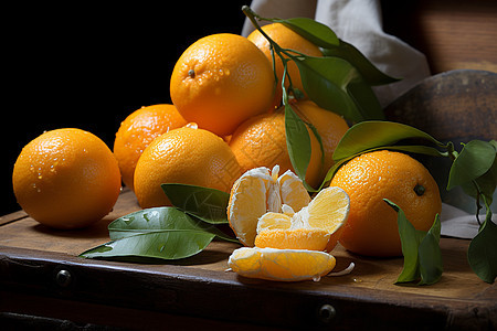 熟透的柑橘在木质桌子上图片
