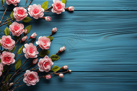 一大束粉色花朵在蓝色木板背景上图片