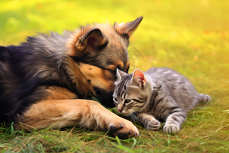 躺在草坪上小狗和小猫在草坪上背景