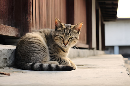 小猫咪靠在建筑物旁边图片