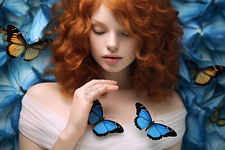 红发女子与蓝蝴蝶图片