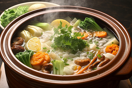 砂锅中健康的蔬菜汤图片