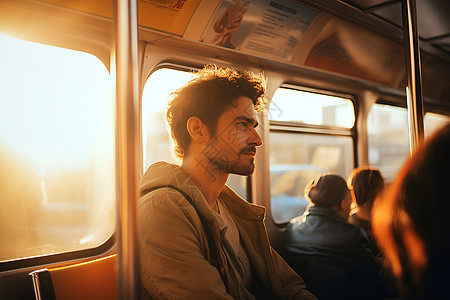 男子坐在公交车上背景图片