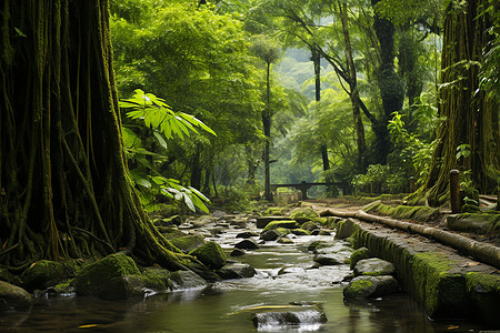 绿意盎然的森林小溪背景图片