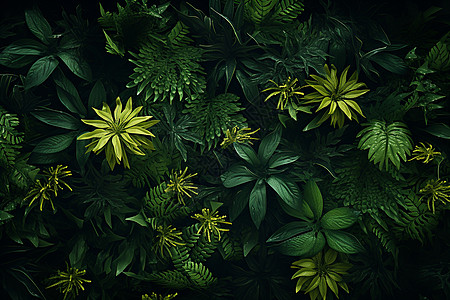 翠绿墙上绽放的绿叶图片