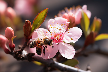 蜜蜂在花朵上采蜜图片